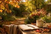 a cup of coffee and a notebook on a table in a garden