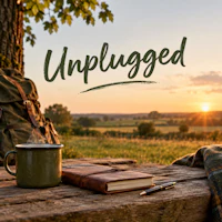unplugged on a wooden table with a backpack and a cup of coffee