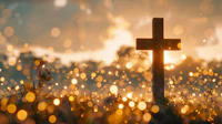 a cross in the middle of a field with golden bokeh